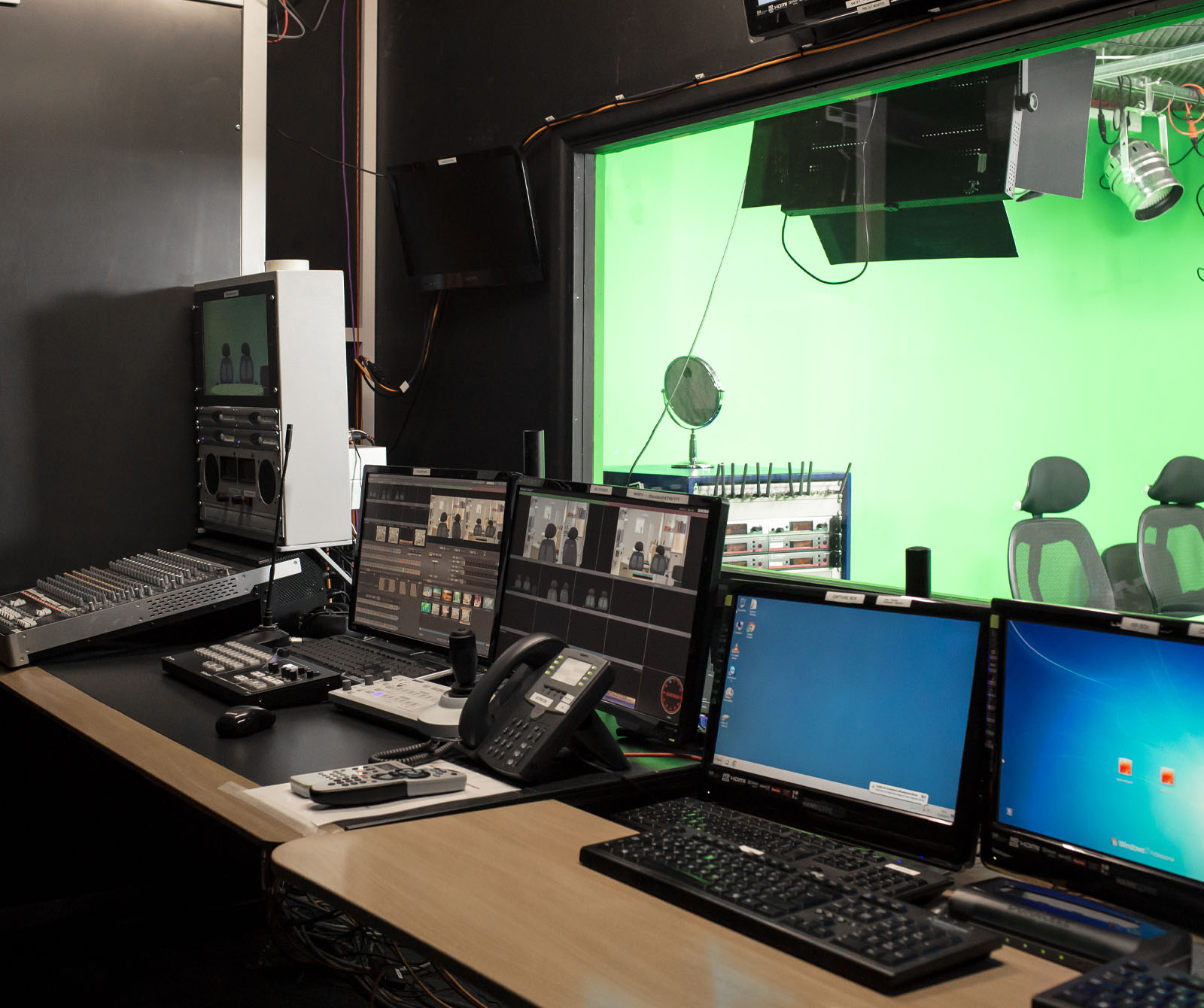 A Chroma Key Studio is ideal for creating and customising virtual sets for your productions. Keying can either be performed live through the Vision Mixer or handled later in post.